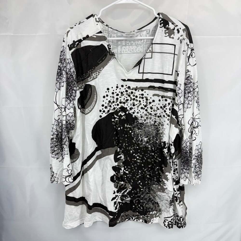 Parsley & Sage Women 3X Abstract Print Top 3/4 Sleeve Black White V Neck Shirt